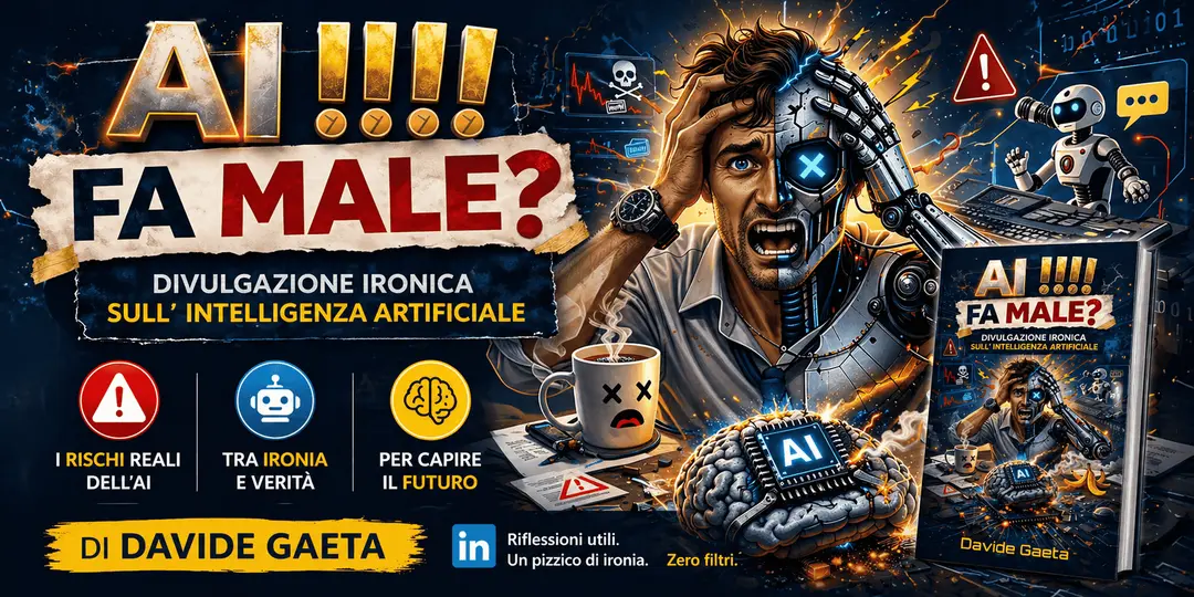 Flyer del libro AI!!!! FA MALE? di Davide Gaeta, guida ironica all'Intelligenza Artificiale